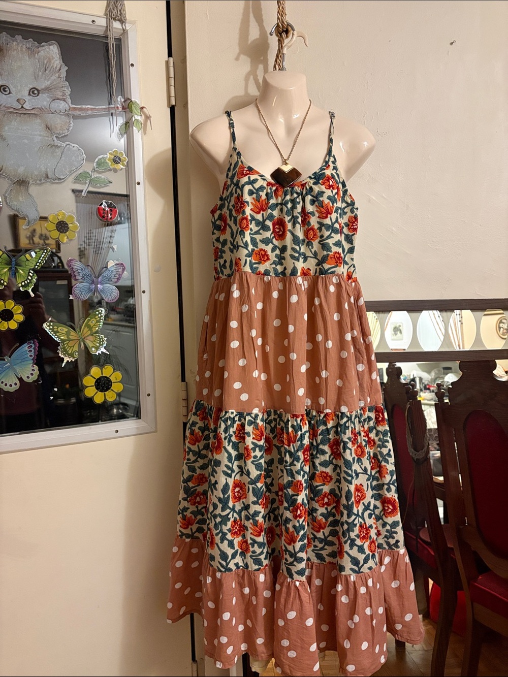 Anthropologie Cream Maxi Dress with Red Floral & Rust Polka Dot Panels. Cotton